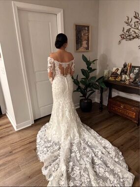 Sophia Tolli White Off-Shoulder Lace Bridal Gown with Lace Train
